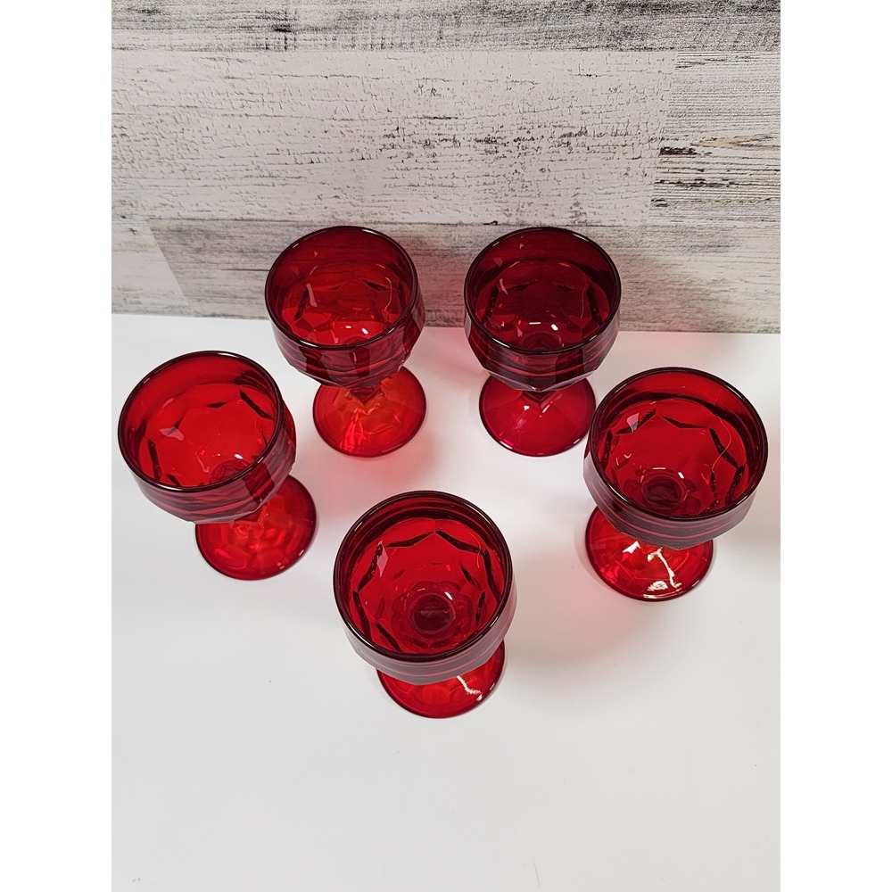 Vintage Ruby Red Glassware Set 6pc Red Vintage Goblets and Plate Excellent - Picture 4 of 8